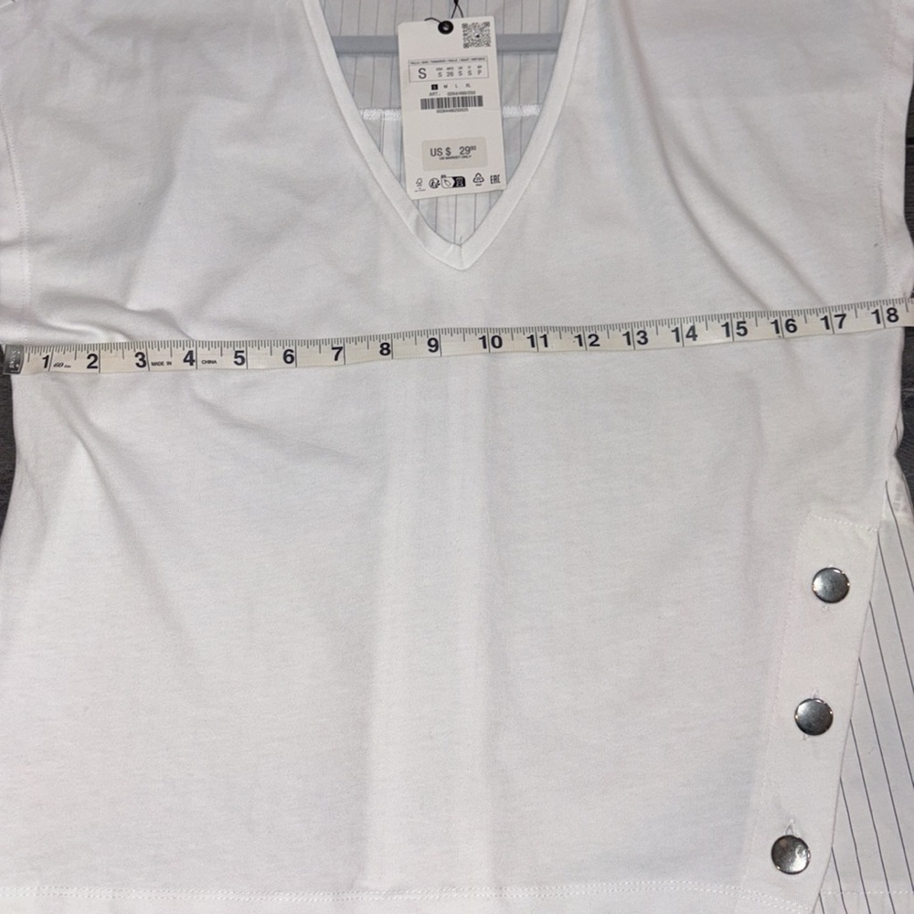 Zara NEW Cotton Poplin Stripe Side Button Vneck Tee Size Small Black/White - Picture 11 of 12